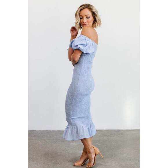 Baltic Born Alana Smocked Midi Dress Blue Stretch Off Shoulder Size M Worn once - Picture 3 of 10